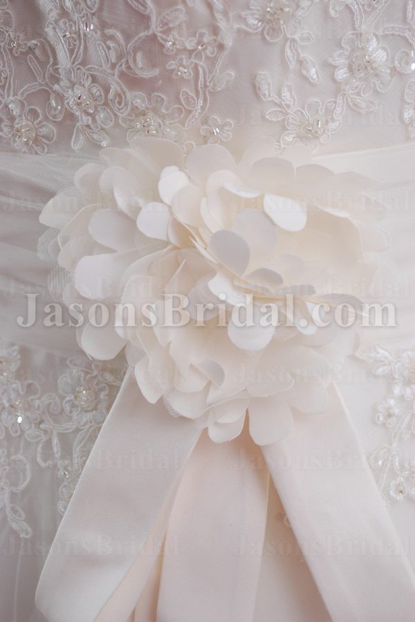 A-line Spaghetti Sweetheart Beaded Appliques Ruched Belt Adorned Flower Sweep Train Tulle Lace over Satin Wedding Dresses