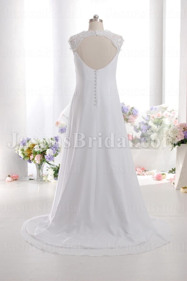 A-line Queen Anne Neckline Asymmetrical Ruched Beaded Appliques Open Back Sweep Train Chiffon over Satin Wedding Dresses