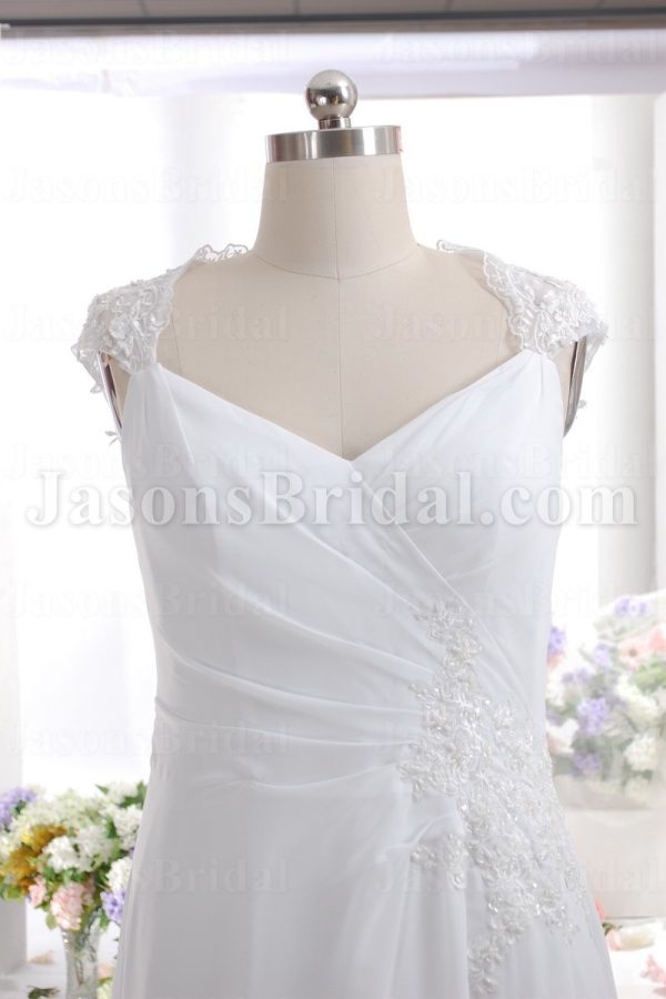 A-line Queen Anne Neckline Asymmetrical Ruched Beaded Appliques Open Back Sweep Train Chiffon over Satin Wedding Dresses