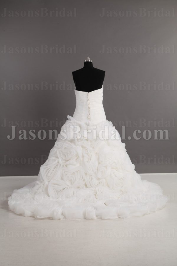 Dramatic Ball Gown Sweetheart Adorned Flowers Asymmetrical Ruched Chapel Train Spiral Wave Organza Wedding Dresses