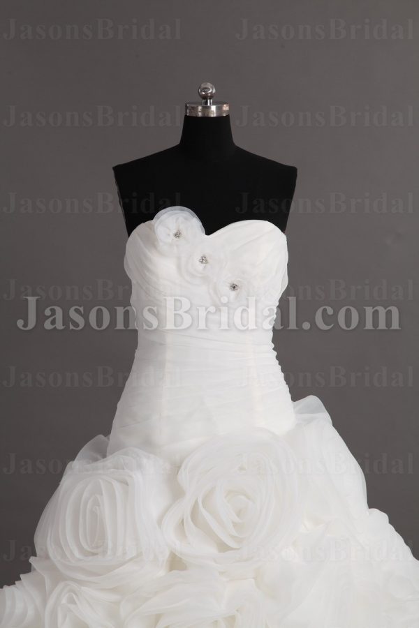 Dramatic Ball Gown Sweetheart Adorned Flowers Asymmetrical Ruched Chapel Train Spiral Wave Organza Wedding Dresses