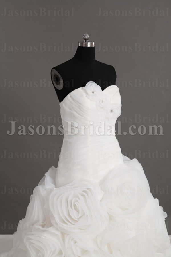 Dramatic Ball Gown Sweetheart Adorned Flowers Asymmetrical Ruched Chapel Train Spiral Wave Organza Wedding Dresses