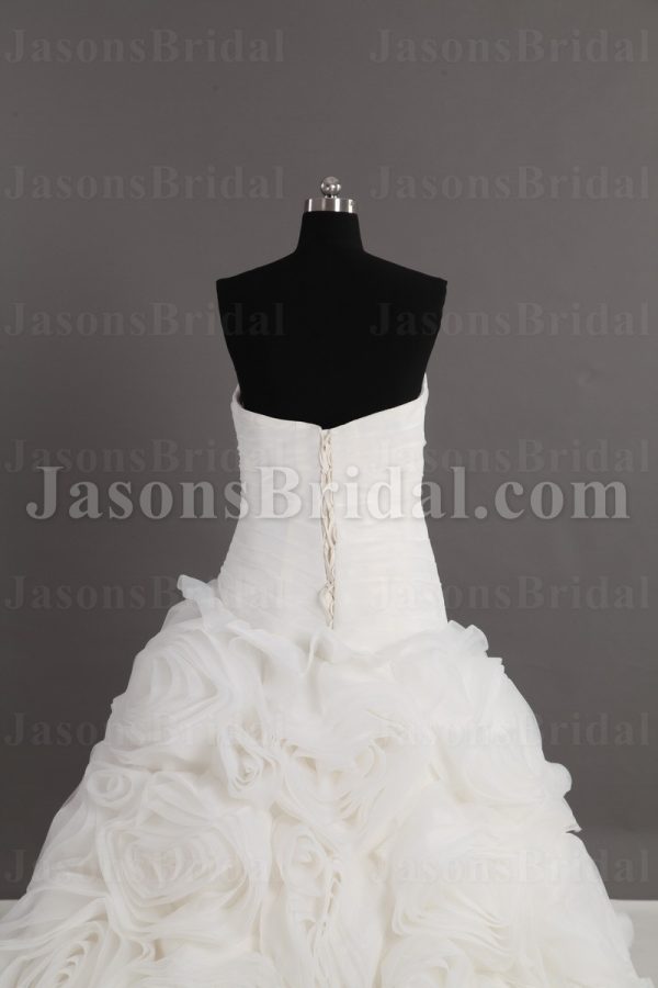 Dramatic Ball Gown Sweetheart Adorned Flowers Asymmetrical Ruched Chapel Train Spiral Wave Organza Wedding Dresses