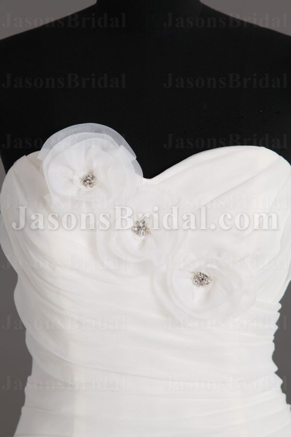 Dramatic Ball Gown Sweetheart Adorned Flowers Asymmetrical Ruched Chapel Train Spiral Wave Organza Wedding Dresses