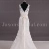 Trumpet Sleeveless Scalloped V-neck Ribbon Low Back Sweep Train Lace over Satin Wedding Dresses