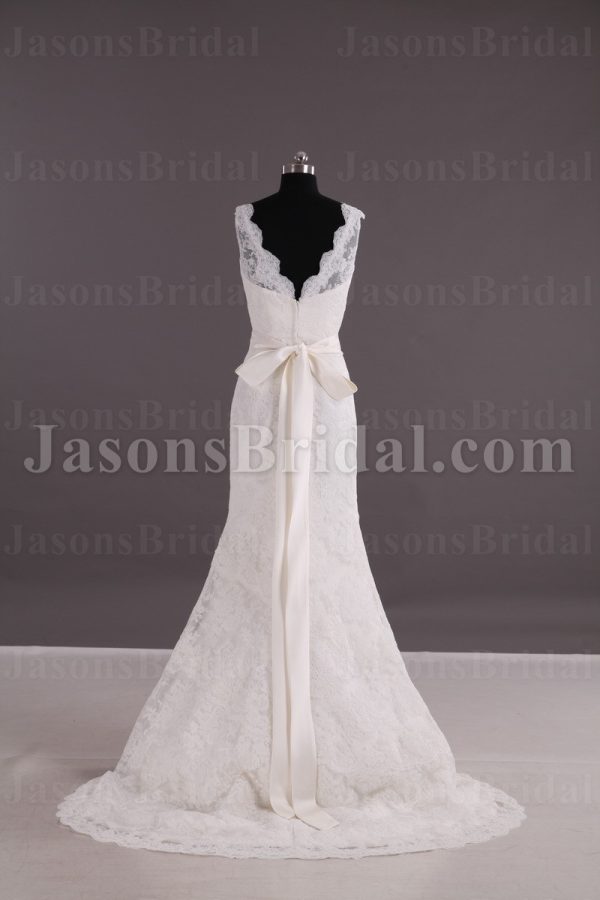 Trumpet Sleeveless Scalloped V-neck Ribbon Low Back Sweep Train Lace over Satin Wedding Dresses