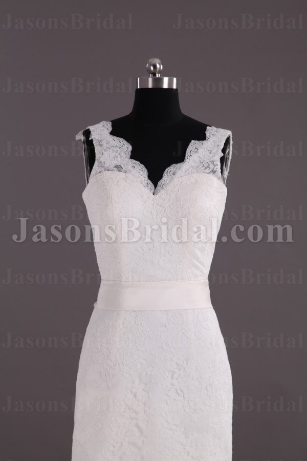 Trumpet Sleeveless Scalloped V-neck Ribbon Low Back Sweep Train Lace over Satin Wedding Dresses