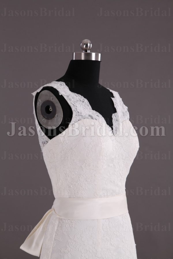 Trumpet Sleeveless Scalloped V-neck Ribbon Low Back Sweep Train Lace over Satin Wedding Dresses