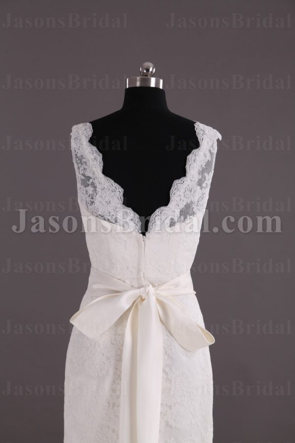 Trumpet Sleeveless Scalloped V-neck Ribbon Low Back Sweep Train Lace over Satin Wedding Dresses