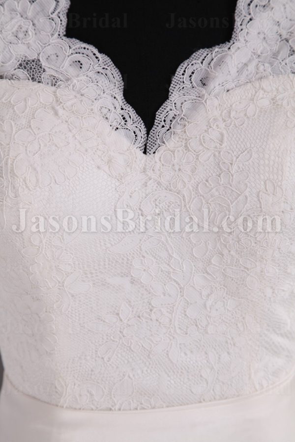 Trumpet Sleeveless Scalloped V-neck Ribbon Low Back Sweep Train Lace over Satin Wedding Dresses