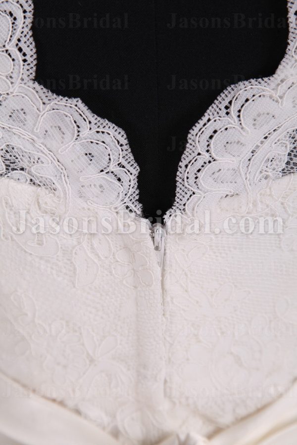 Trumpet Sleeveless Scalloped V-neck Ribbon Low Back Sweep Train Lace over Satin Wedding Dresses