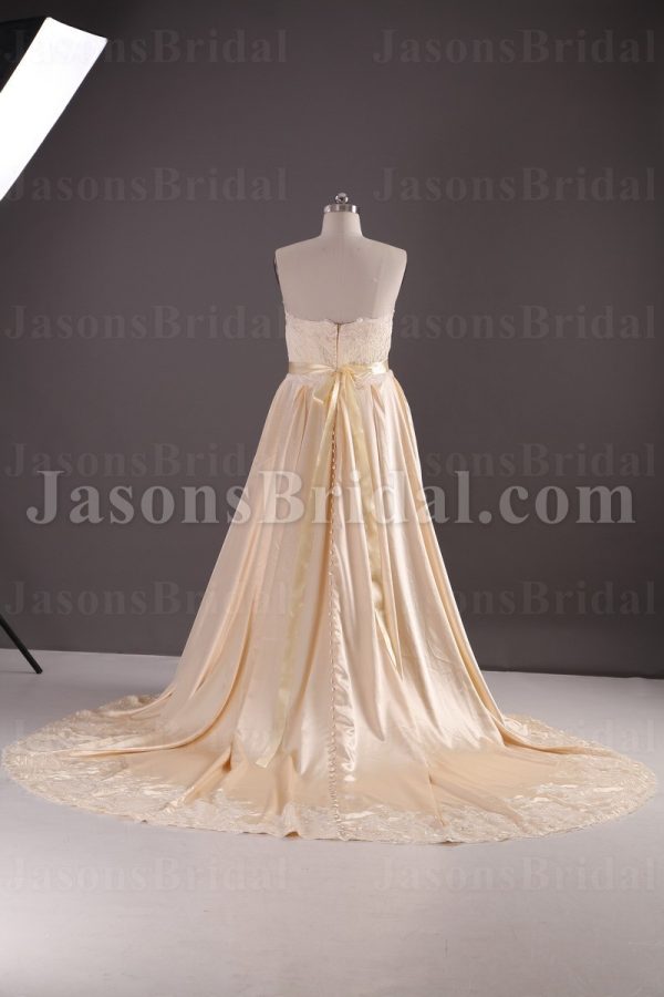 A-line Scalloped Sweetheart Allover Lace Bodice Ribbon Adorned Flowers Appliques Chapel Train Pleated Satin Wedding Dresses