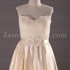 A-line Scalloped Sweetheart Allover Lace Bodice Ribbon Adorned Flowers Appliques Chapel Train Pleated Satin Wedding Dresses