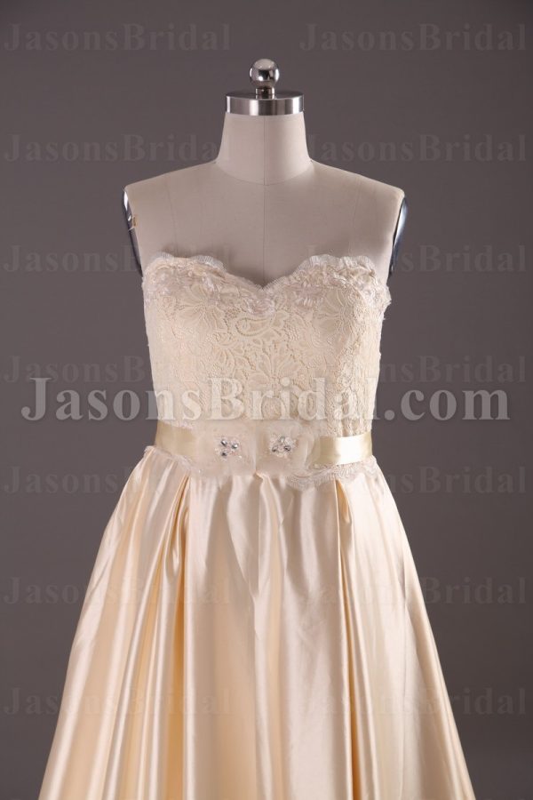 A-line Scalloped Sweetheart Allover Lace Bodice Ribbon Adorned Flowers Appliques Chapel Train Pleated Satin Wedding Dresses