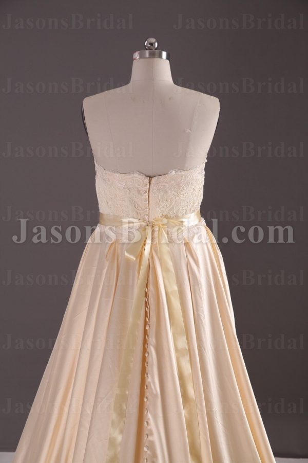 A-line Scalloped Sweetheart Allover Lace Bodice Ribbon Adorned Flowers Appliques Chapel Train Pleated Satin Wedding Dresses