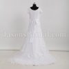 Modest Fit-and-Flare Short Sleeves Bateau Neckline Beaded Embroidered Belt Sweep Train Lace over Satin Wedding Dresses