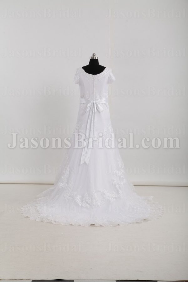 Modest Fit-and-Flare Short Sleeves Bateau Neckline Beaded Embroidered Belt Sweep Train Lace over Satin Wedding Dresses