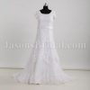 Modest Fit-and-Flare Short Sleeves Bateau Neckline Beaded Embroidered Belt Sweep Train Lace over Satin Wedding Dresses