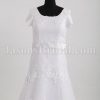Modest Fit-and-Flare Short Sleeves Bateau Neckline Beaded Embroidered Belt Sweep Train Lace over Satin Wedding Dresses