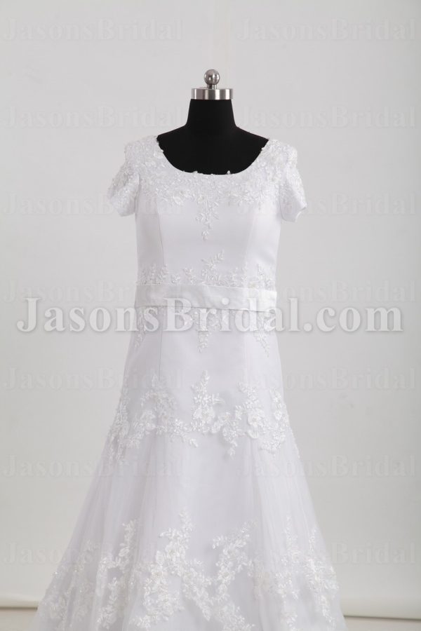 Modest Fit-and-Flare Short Sleeves Bateau Neckline Beaded Embroidered Belt Sweep Train Lace over Satin Wedding Dresses