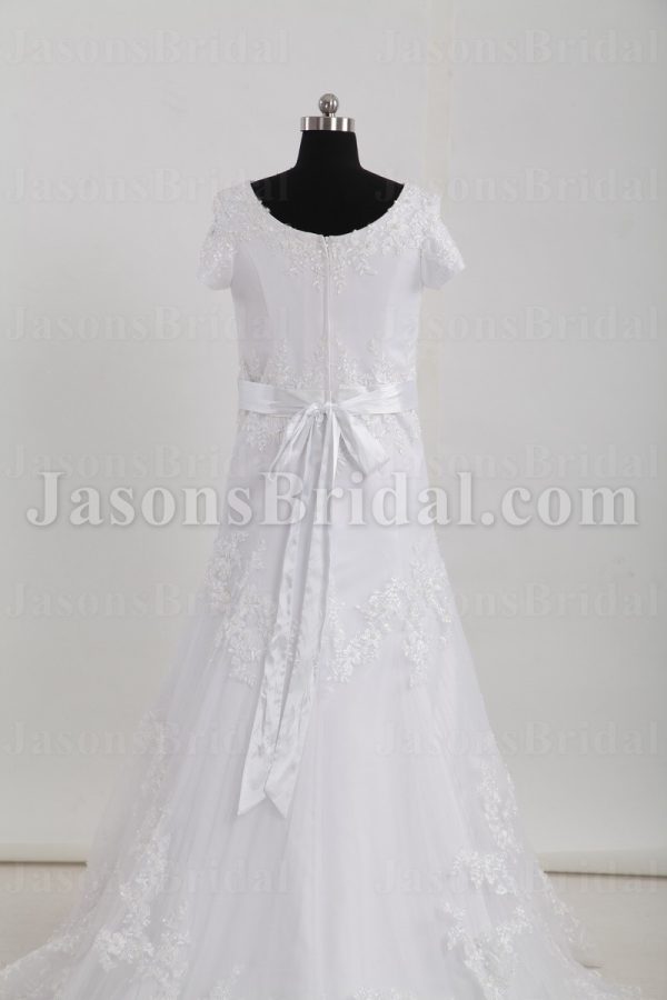 Modest Fit-and-Flare Short Sleeves Bateau Neckline Beaded Embroidered Belt Sweep Train Lace over Satin Wedding Dresses