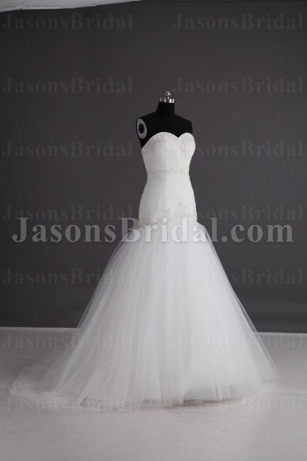 Glamorous Trumpet Sweetheart Beaded Embroidered Asymmetrical Ruched Sweep Train Tulle Wedding Dresses