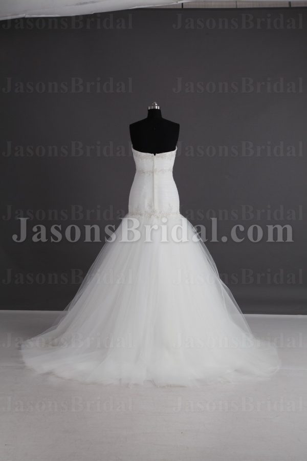 Glamorous Trumpet Sweetheart Beaded Embroidered Asymmetrical Ruched Sweep Train Tulle Wedding Dresses