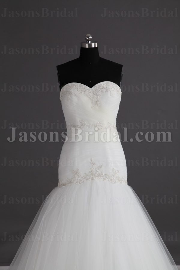 Glamorous Trumpet Sweetheart Beaded Embroidered Asymmetrical Ruched Sweep Train Tulle Wedding Dresses