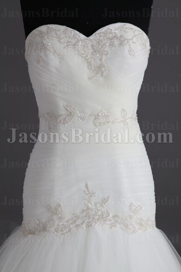 Glamorous Trumpet Sweetheart Beaded Embroidered Asymmetrical Ruched Sweep Train Tulle Wedding Dresses