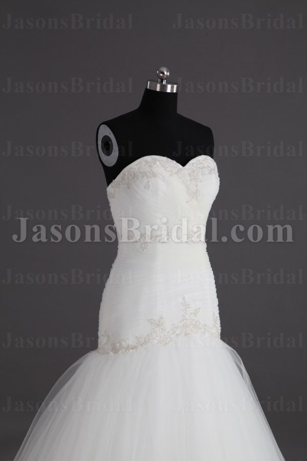 Glamorous Trumpet Sweetheart Beaded Embroidered Asymmetrical Ruched Sweep Train Tulle Wedding Dresses