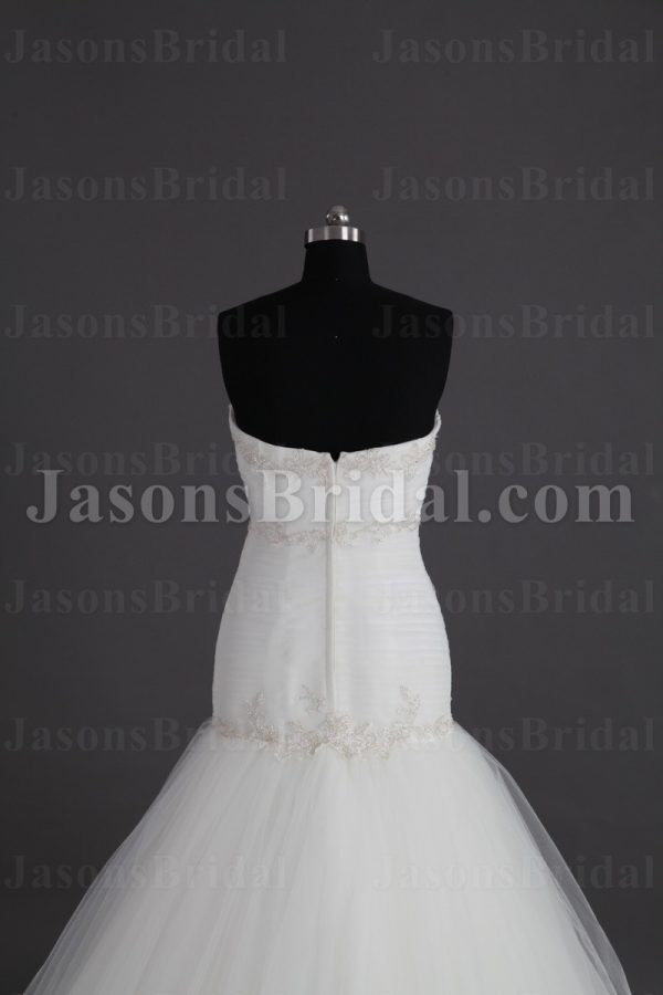 Glamorous Trumpet Sweetheart Beaded Embroidered Asymmetrical Ruched Sweep Train Tulle Wedding Dresses