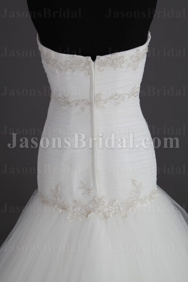 Glamorous Trumpet Sweetheart Beaded Embroidered Asymmetrical Ruched Sweep Train Tulle Wedding Dresses