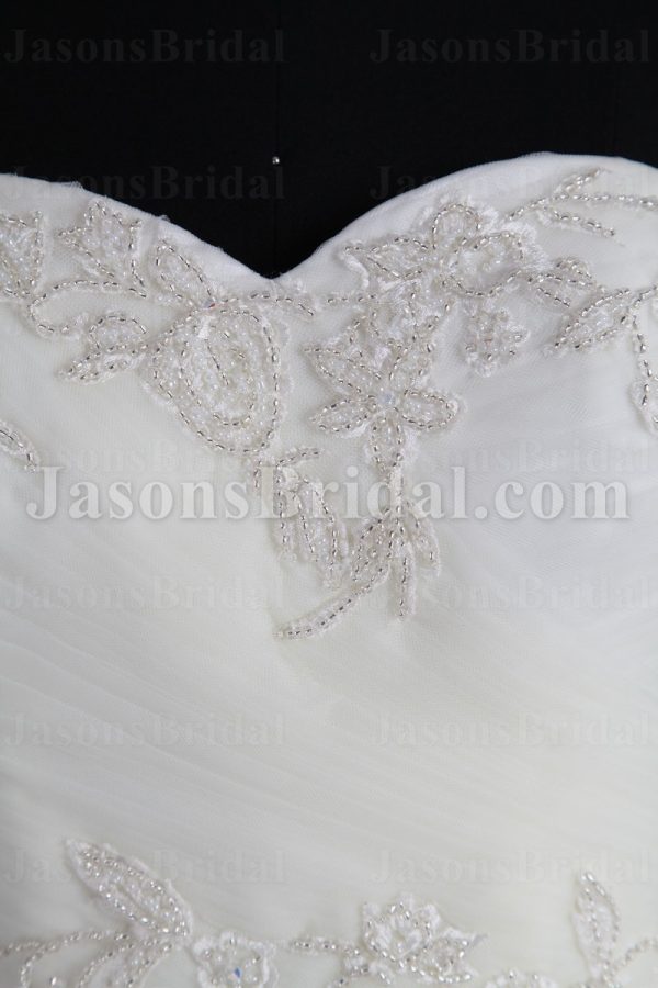 Glamorous Trumpet Sweetheart Beaded Embroidered Asymmetrical Ruched Sweep Train Tulle Wedding Dresses