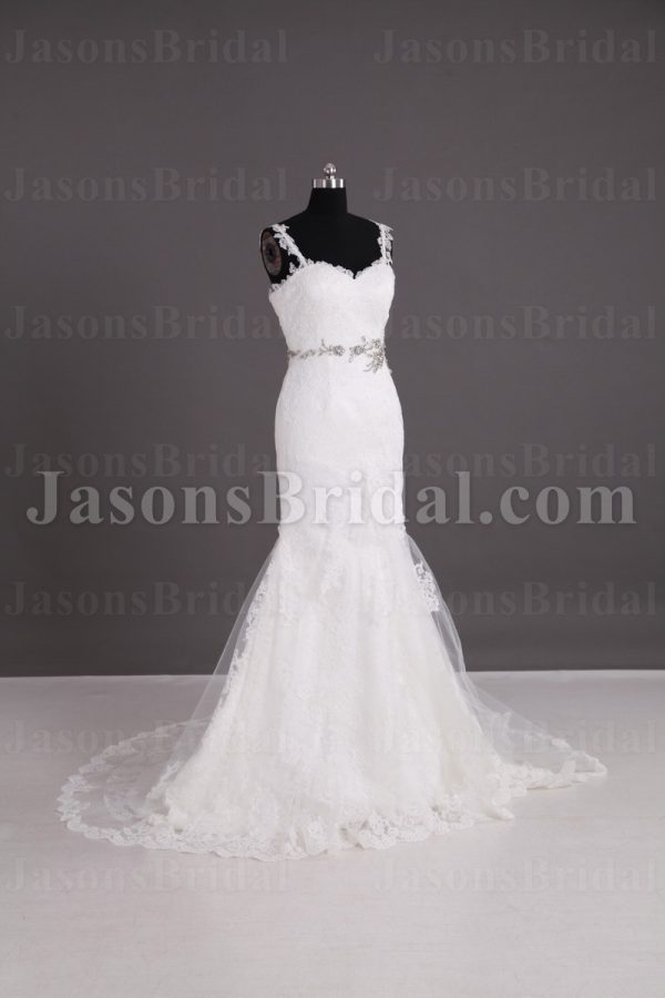 Mermaid Appliqued Spaghetti Sweetheart Jeweled Waistline Sweep Train Lace over Satin Wedding Dresses