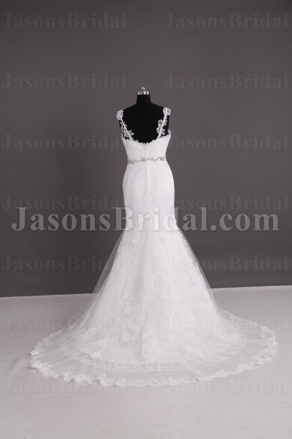 Mermaid Appliqued Spaghetti Sweetheart Jeweled Waistline Sweep Train Lace over Satin Wedding Dresses