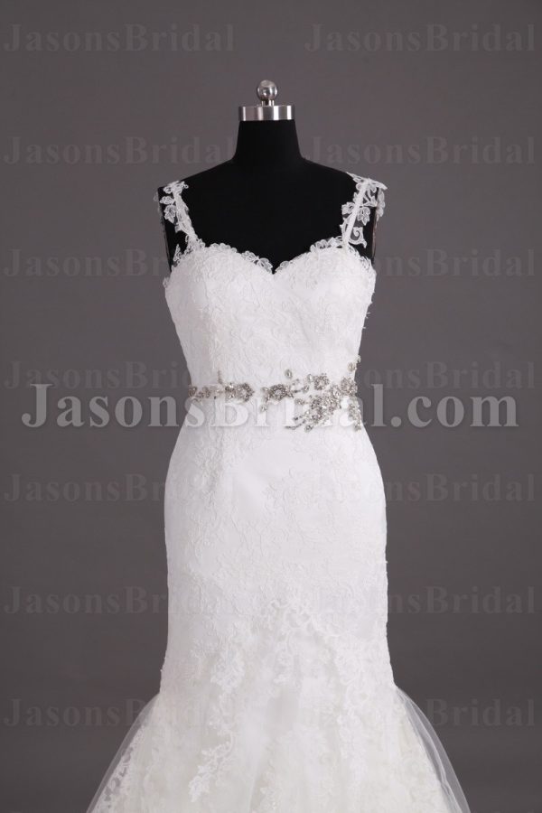 Mermaid Appliqued Spaghetti Sweetheart Jeweled Waistline Sweep Train Lace over Satin Wedding Dresses