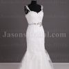 Mermaid Appliqued Spaghetti Sweetheart Jeweled Waistline Sweep Train Lace over Satin Wedding Dresses
