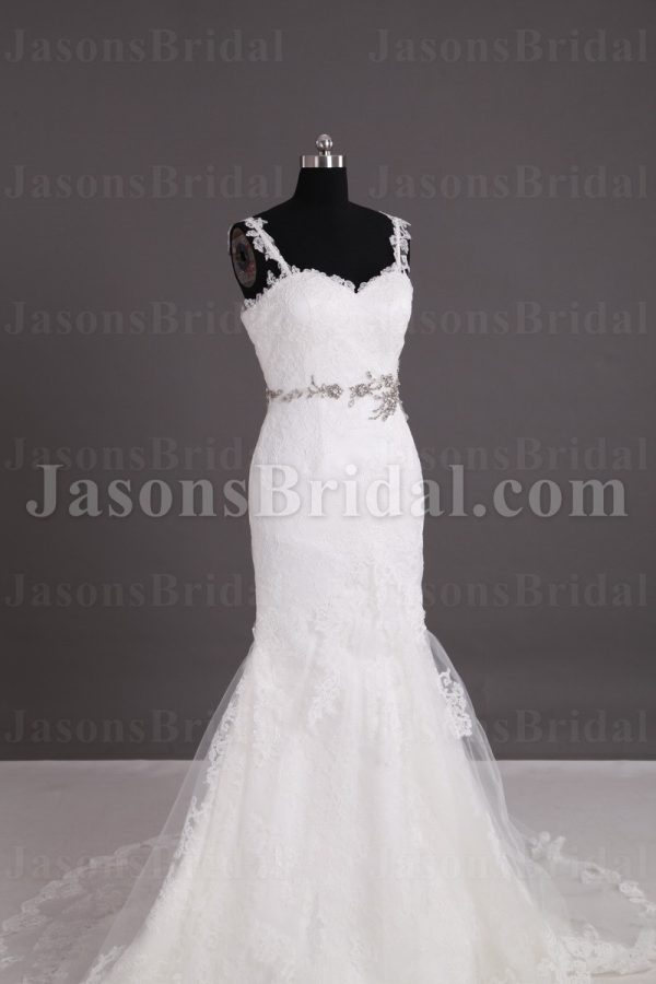 Mermaid Appliqued Spaghetti Sweetheart Jeweled Waistline Sweep Train Lace over Satin Wedding Dresses