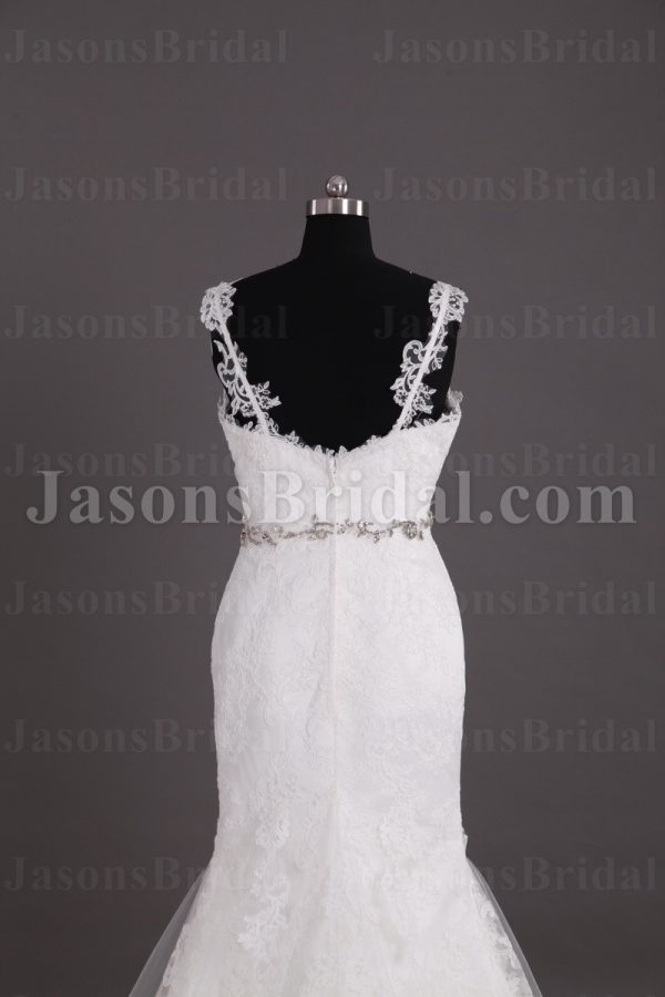 Mermaid Appliqued Spaghetti Sweetheart Jeweled Waistline Sweep Train Lace over Satin Wedding Dresses