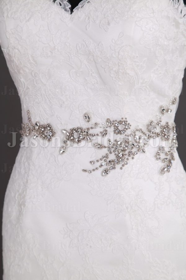 Mermaid Appliqued Spaghetti Sweetheart Jeweled Waistline Sweep Train Lace over Satin Wedding Dresses