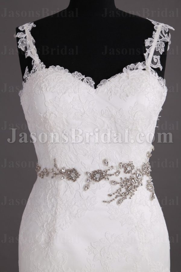 Mermaid Appliqued Spaghetti Sweetheart Jeweled Waistline Sweep Train Lace over Satin Wedding Dresses