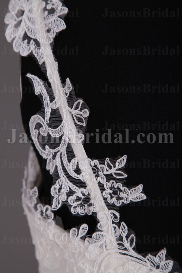 Mermaid Appliqued Spaghetti Sweetheart Jeweled Waistline Sweep Train Lace over Satin Wedding Dresses
