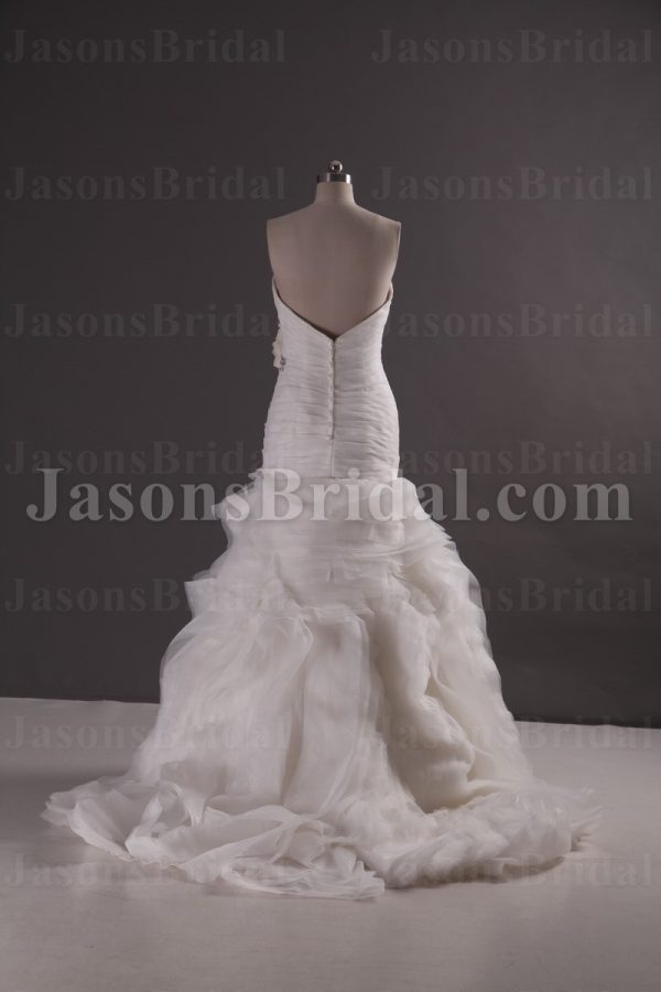 Glamorous Trumpet Sweetheart Ruched Adorned Beaded Flowers Sweep Train Spiral Wave Organza Wedding Dresses