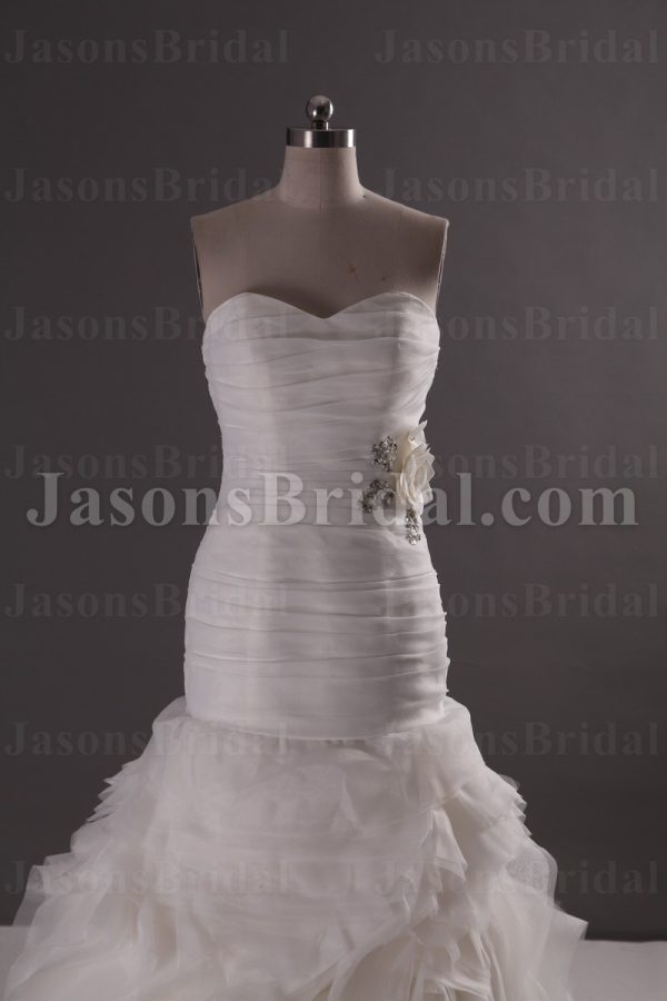 Glamorous Trumpet Sweetheart Ruched Adorned Beaded Flowers Sweep Train Spiral Wave Organza Wedding Dresses
