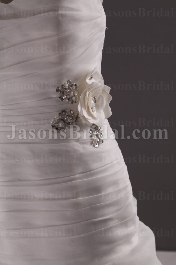 Glamorous Trumpet Sweetheart Ruched Adorned Beaded Flowers Sweep Train Spiral Wave Organza Wedding Dresses