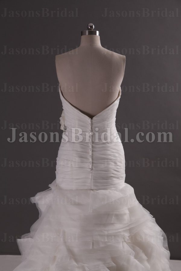 Glamorous Trumpet Sweetheart Ruched Adorned Beaded Flowers Sweep Train Spiral Wave Organza Wedding Dresses