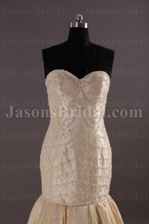 Glamorous Trumpet Sweetheart Allover Beaded Embroidered Chapel Train Pleated Taffeta Wedding Dresses