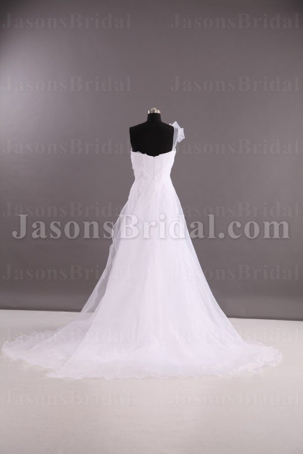 Princess A-line Floral One-shoulder Asymmetrical Pleated Scalloped Front Slit Sweep Train Tulle Wedding Dresses