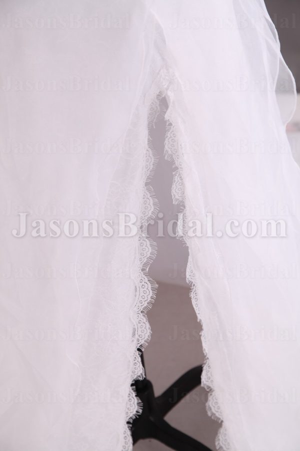 Princess A-line Floral One-shoulder Asymmetrical Pleated Scalloped Front Slit Sweep Train Tulle Wedding Dresses