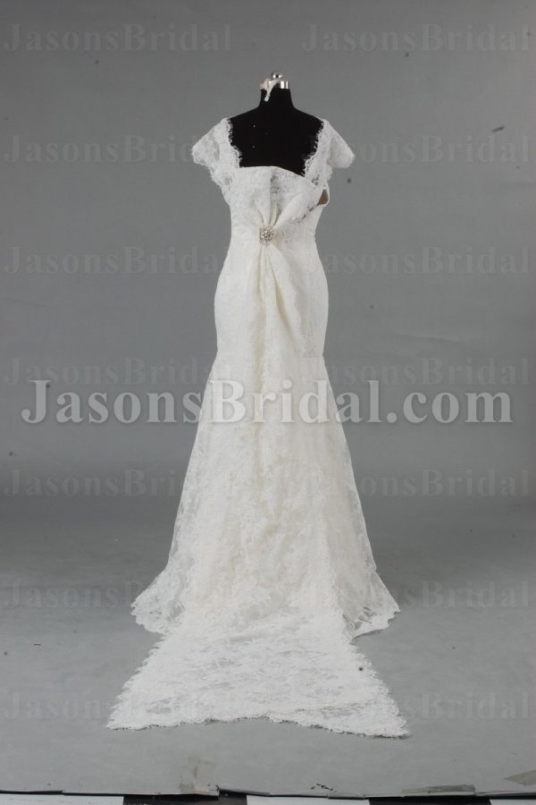 Fit-and-Flare Off-the-shoulder Bateau Low Back Floor Length Lace Wedding Dresses with Detachable Train